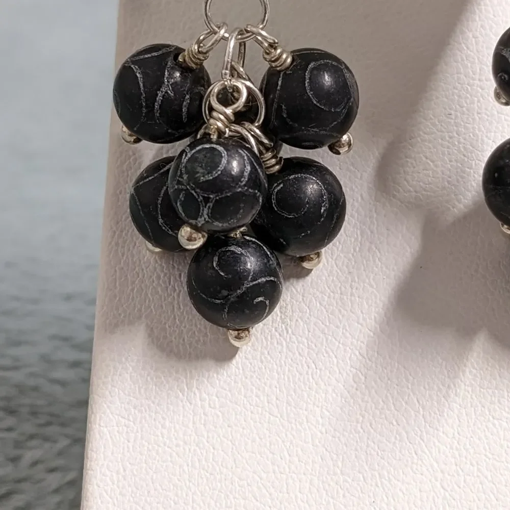 Vintage Artisan Made Carved Ceramic Bead Dangle Earrings on Sterling Silver - Picture 9 of 10